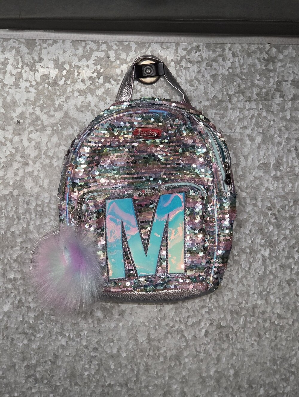 NWT Justice Reversible Sequin Mini Backpack Pom Pom Letter initial M - 2018